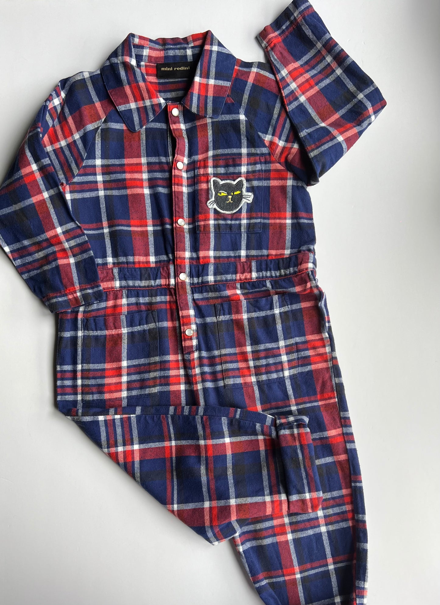 Mini Rodini Blue Check Woven Flannel Jumpsuit- Age 4-5y